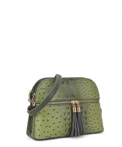 Ostrich Embossed Multi-Compartment Cross Body with Zip Tassel OS050 OLIVE